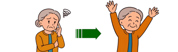 困り顔から喜びの顔に変化する老婦人のイラスト