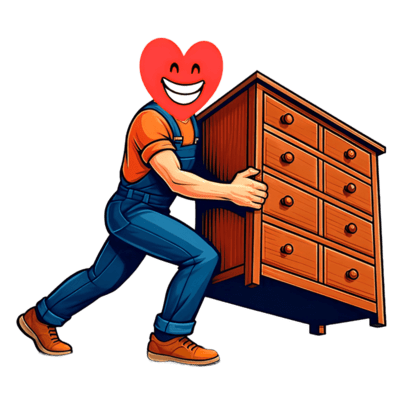 箪笥を移動しているヨネモト興産のマスコットキャラクター『YONEMOTOくん』