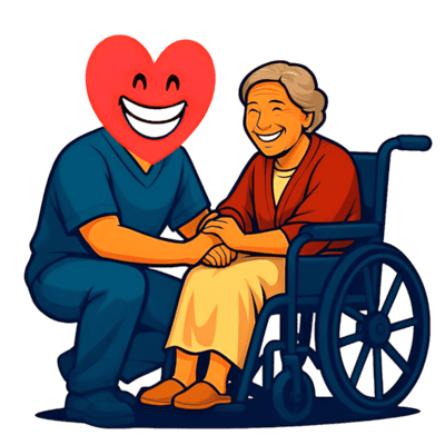 談笑しているお年寄りとヨネモト興産のマスコットキャラクター『YONEMOTOくん』